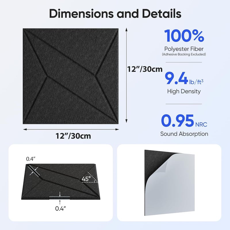 UNECHO Store 12 عبوة 12" × 12" × 0.4" ألواح صوتية لامتصاص الصوت للجدران، ألواح صوتية مربعة ذاتية اللصق بخطوط P، كثافة عالية مناسبة لمجموعة متنوعة من السيناريوهات (أسود) - Image 3
